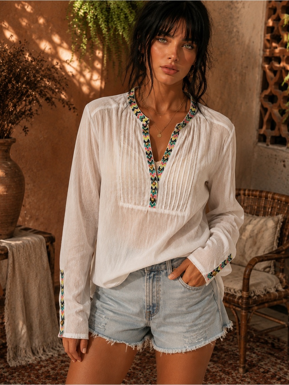 Boho Embroidered V-Neck Long Sleeve Top